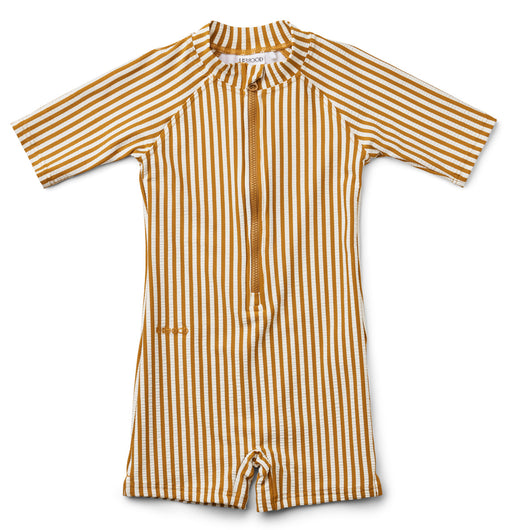 Max Swim Jumpsuit Seersucker - Golden caramel/White par Liewood - Swimsuits & Sun Hats | Jourès
