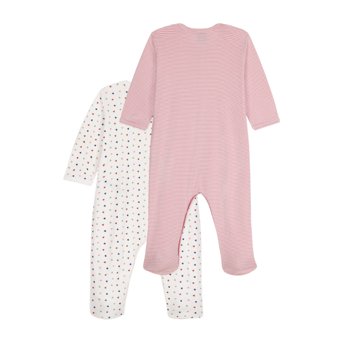 Organic Cotton Dors-Bien Pyjamas - Set of 2 - 1m to 6m - Hearts / Pink Stripes par Petit Bateau - Combinaisons, pyjamas et gigoteuse | Jourès