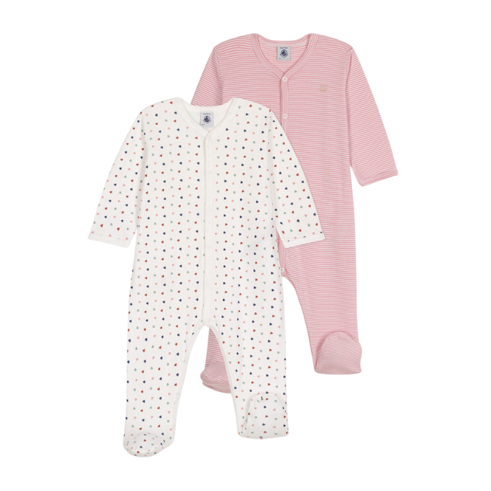 Organic Cotton Dors-Bien Pyjamas - Set of 2 - 1m to 6m - Hearts / Pink Stripes par Petit Bateau - Baby Shower Gifts | Jourès