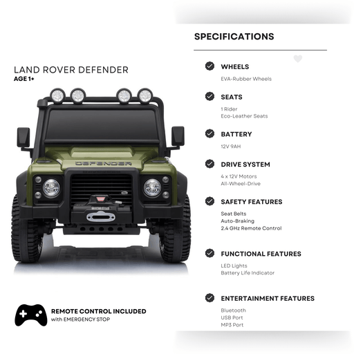 12V Green Land Rover Defender 1-Seater AWD Ride-on Truck W/ Rubber Wheels, Music Player & RC par Kids Vip - Produits | Jourès