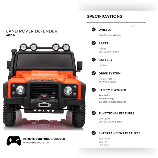 12V Orange Land Rover Defender 1-Seater AWD Ride-on Truck W/ Rubber Wheels, Music Player & RC par Kids Vip - Produits | Jourès