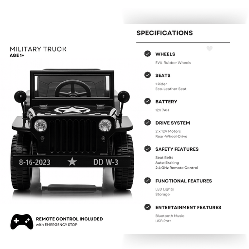 12V Black Limited Edition Kids 1-Seater Military Ride-on Truck W/ EVA Rubber Wheels, Music & RC par Kids Vip - Produits | Jourès