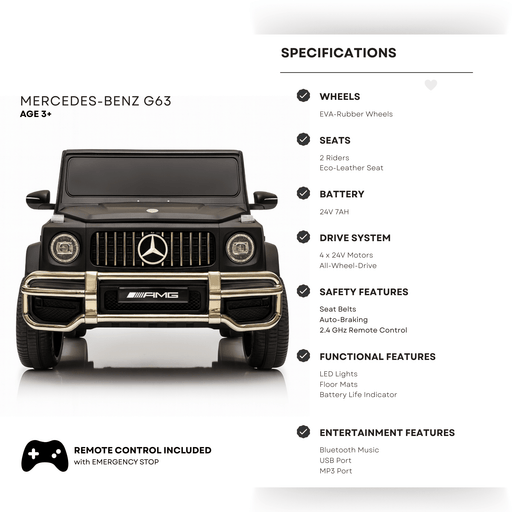 24V Exclusive Matte Black Mercedes Benz G63 2-Seater 4x4 Kids' Ride-on SUV W/ EVA Wheels, Leather Seats, Light-up Logo, BT & RC par Kids Vip - Produits | Jourès