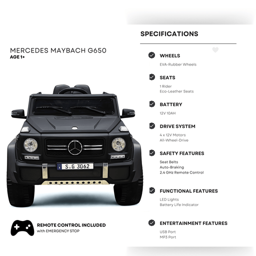 12V Matte Black Luxury Mercedes Maybach G650s Kids' 4x4 Ride-on SUV W/ Rubber Wheels, Music & RC par Kids Vip - Produits | Jourès
