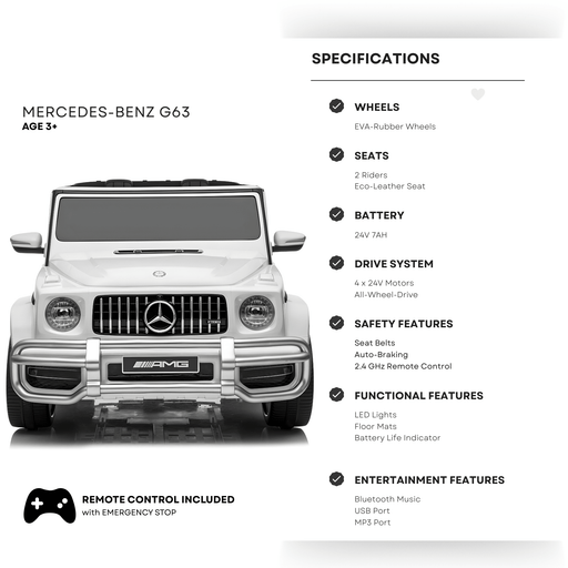 24V Exclusive White Mercedes Benz G63 2-Seater 4x4 Kids' Ride-on SUV W/ EVA Wheels, Leather Seats, Light-up Logo, BT & RC par Kids Vip - Produits | Jourès