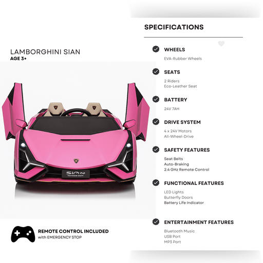 24V Luxurious Pink Lamborghini Sian 2-Seater 4x4 Ride-On Car W/ EVA Rubber Wheels, BT & RC par Kids Vip - Produits | Jourès
