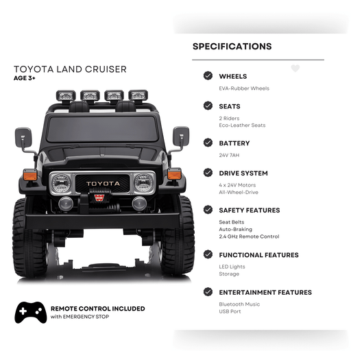 24V Black 2-Seater Premium Edition Toyota 4x4 Truck for Kids W/ EVA Rubber Wheels, Music & RC par Kids Vip - Produits | Jourès