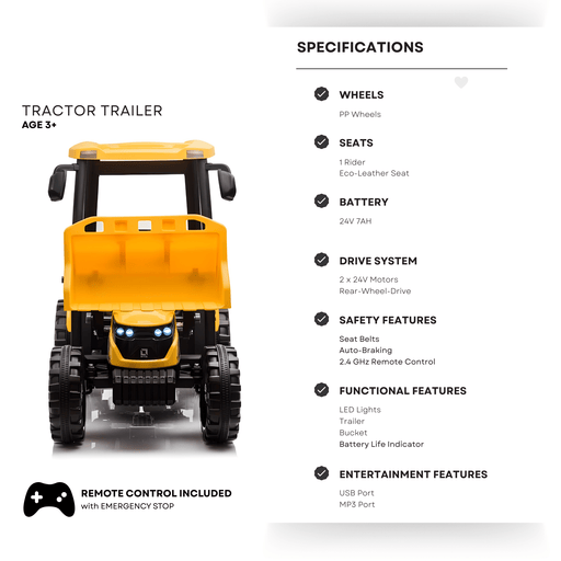 24V Kids' XXL Upgraded 6-Wheel Tractor W/ Trailer, Leather Seat, Music, Lights & RC par Kids Vip - Produits | Jourès