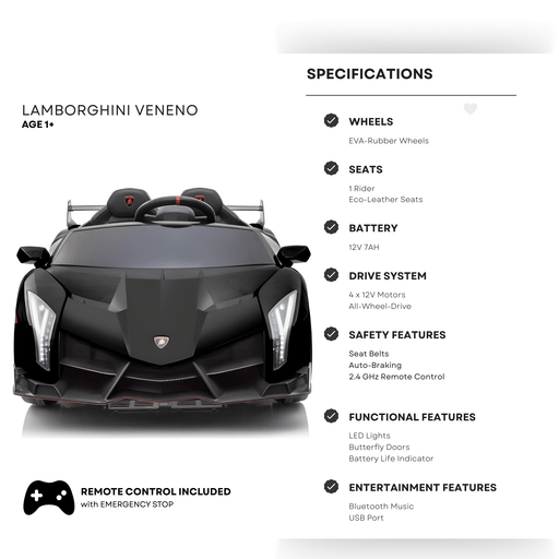12V Black Lamborghini Veneno 4X4 Limited Edition Ride-on Car W/ EVA Rubber Wheels, Bluetooth & RC par Kids Vip - Produits | Jourès