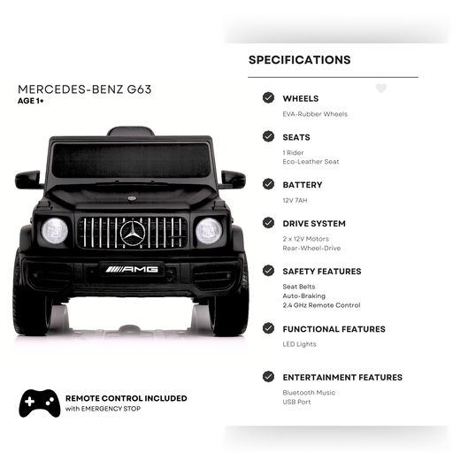 12V Luxury Matte Black Edition Mercedes Benz AMG G63 Ride-On SUV W/ Rubber Wheels, Leather Seat, Bluetooth & RC par Kids Vip - Produits | Jourès