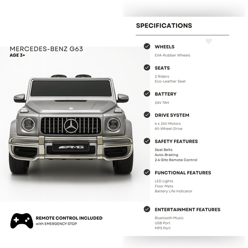 24V Exclusive Matte Grey Mercedes Benz G63 2-Seater 4x4 Kids' Ride-on SUV W/ EVA Wheels, Leather Seats, Light-up Logo, BT & RC par Kids Vip - Produits | Jourès
