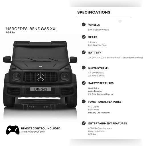 2x24V Platinum Matte Black Edition XXL 4x4 Mercedes G63 Kids' Ride on SUV W/ MP4, EVA Rubber Wheels & RC par Kids Vip - Produits | Jourès