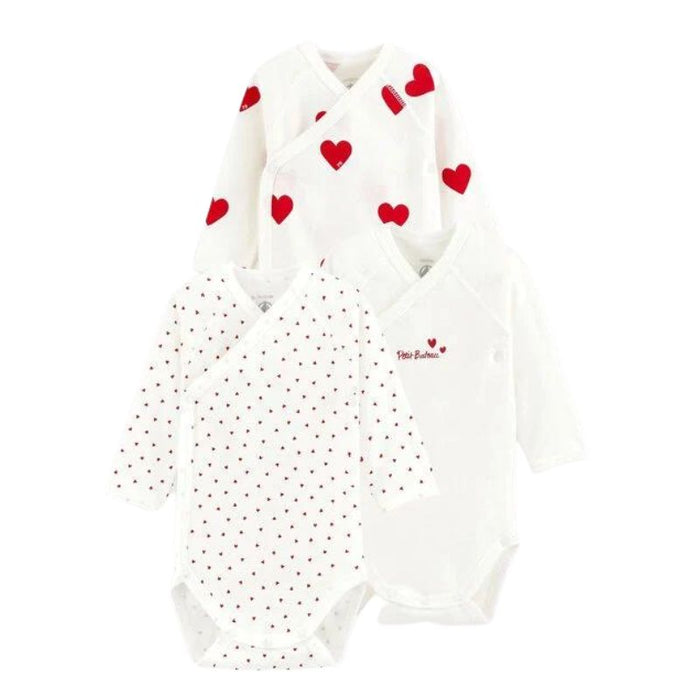 Long sleeves Cotton Bodysuits - 1m to 12m - Pack of 3 - Hearts par Petit Bateau - Love collection | Jourès