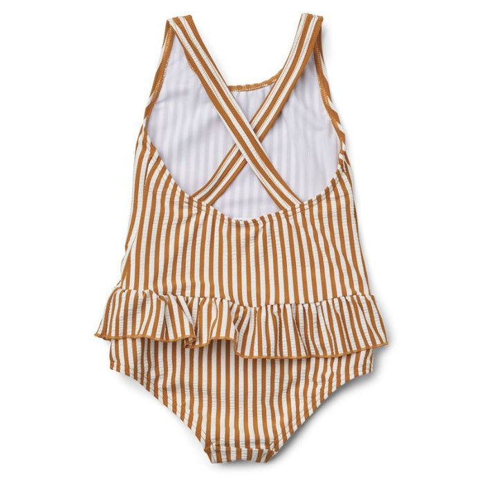 Amara Seersucker Swimsuit - 1 1/2 Y to 3Y - Golden caramel / White par Liewood - Liewood | Jourès