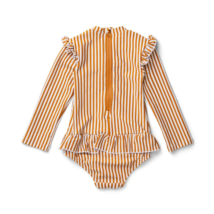Sille Swim Jumpsuit Seersucker - Mustard/White par Liewood - Swimsuits & Sun Hats | Jourès